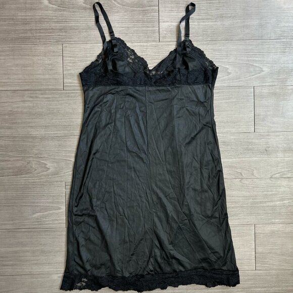 Vintage 70s Union Made Nylon Black Lace Adjustable Strap Sheer Slip Dress Size L - Picture 4 of 5